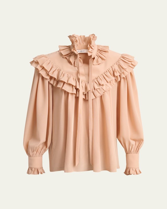 Ruffle-Yoke Silk Blouse